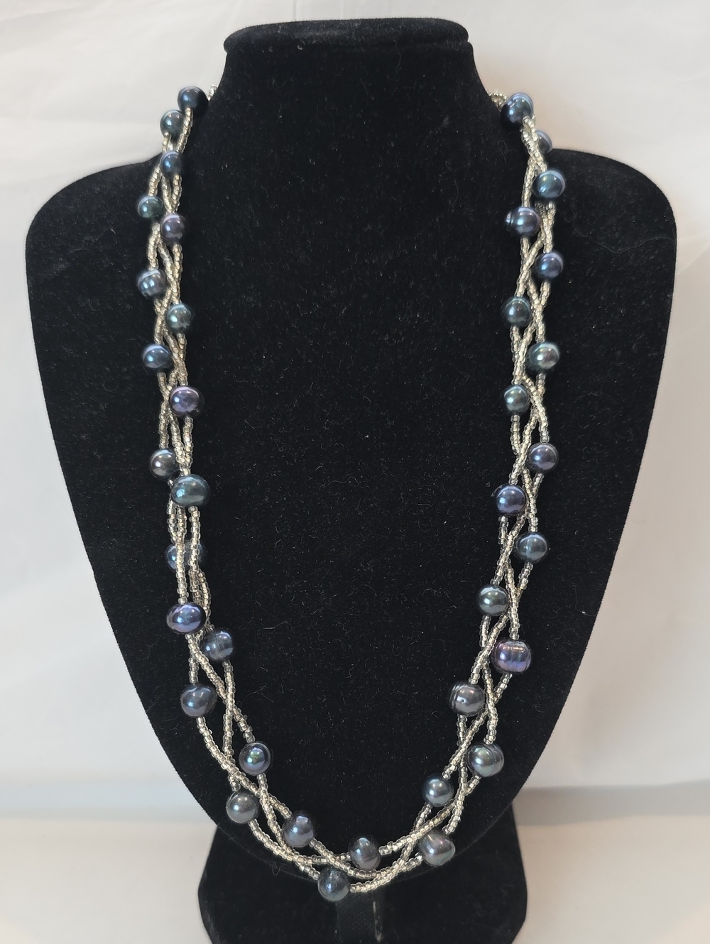 Torsade Peacock Black Freshwater Pearl And White Colored Glass Bead Necklace